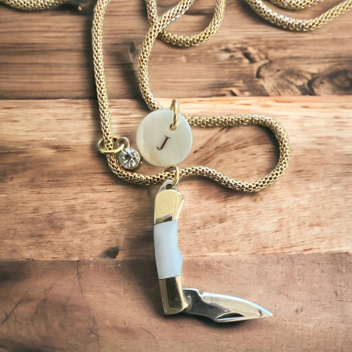 Personalized 14K Plated Mini Pocket Knife with White Pearl Shell Handle and Initial Charm Pendant