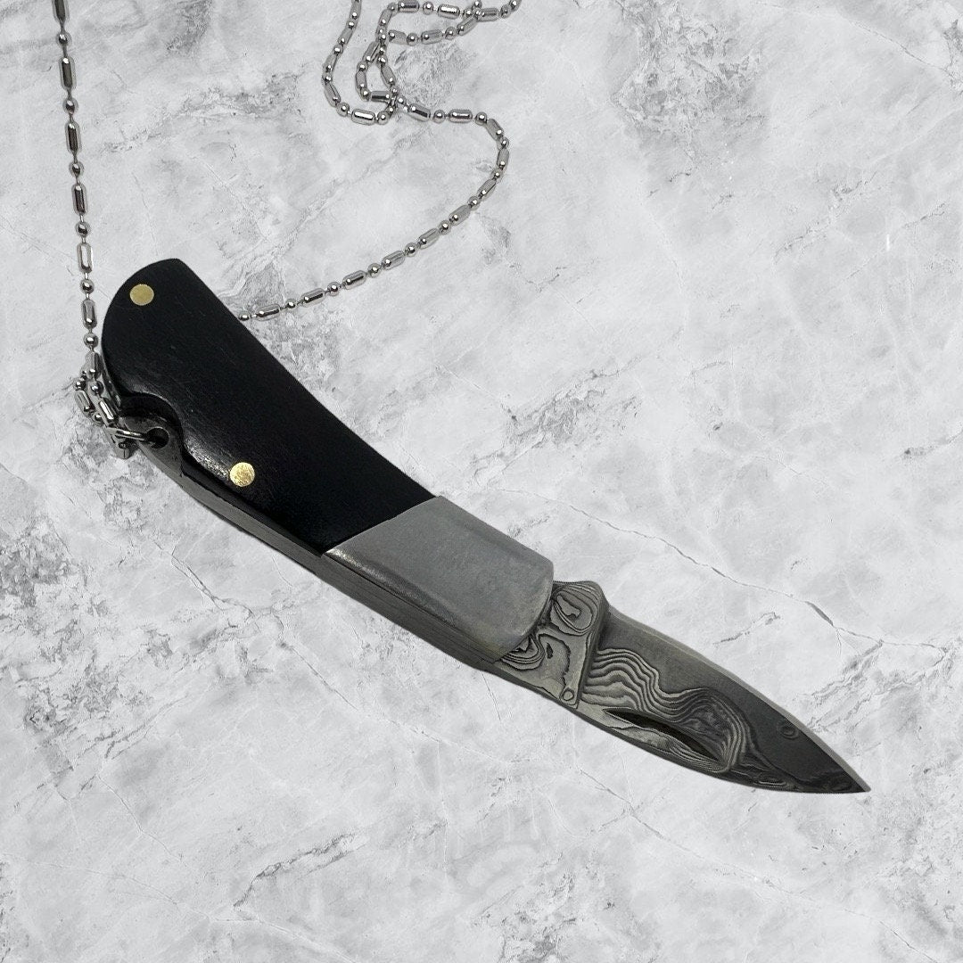 Black Wood Handled Pocket Knife with a Damascus Blade Necklace