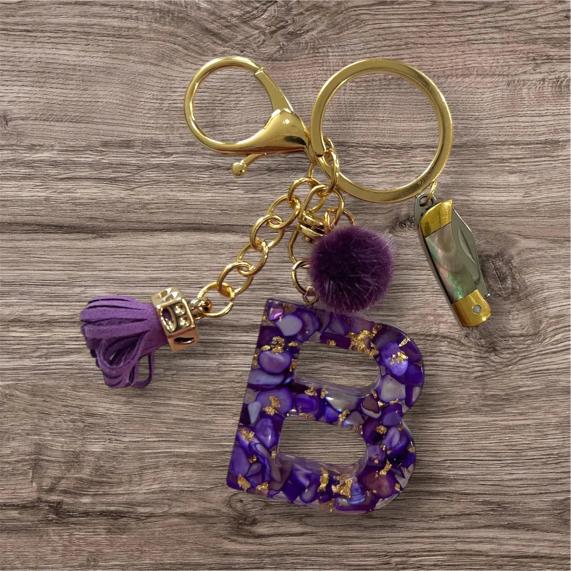 B Charm Keychain with Mini Knife Charm