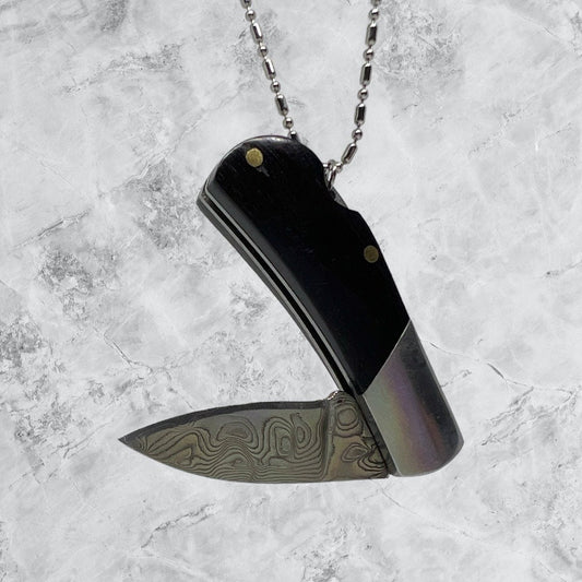 Black Wood Handled Pocket Knife with a Damascus Blade Necklace