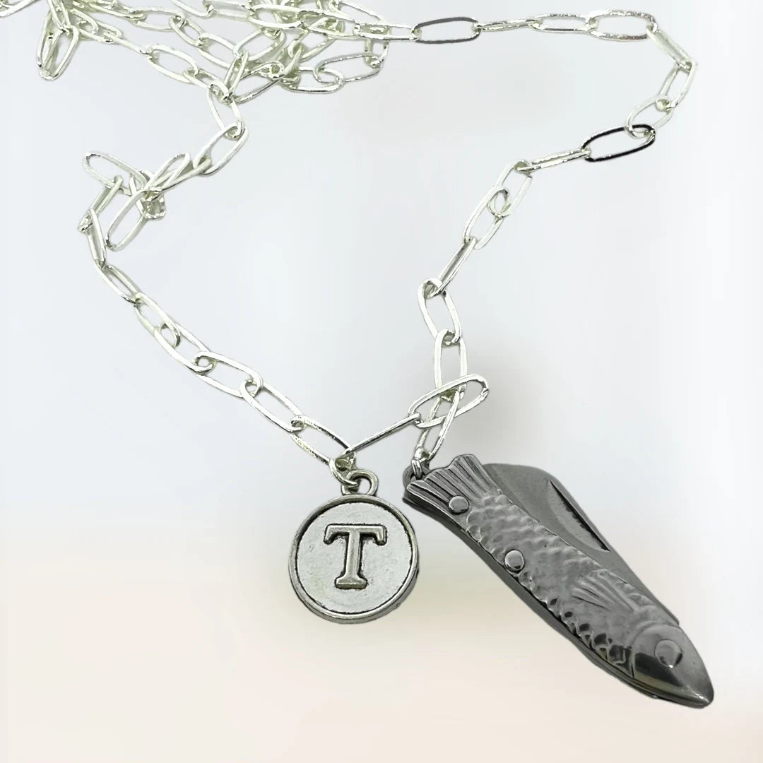 Silver Lucky Fish Mini Pocket Knife Pendant Necklace with Initial