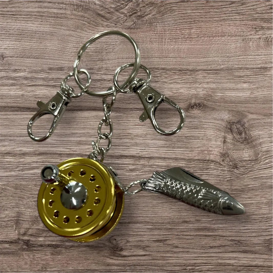 Fly Reel and Mini Fish Knife Keychain