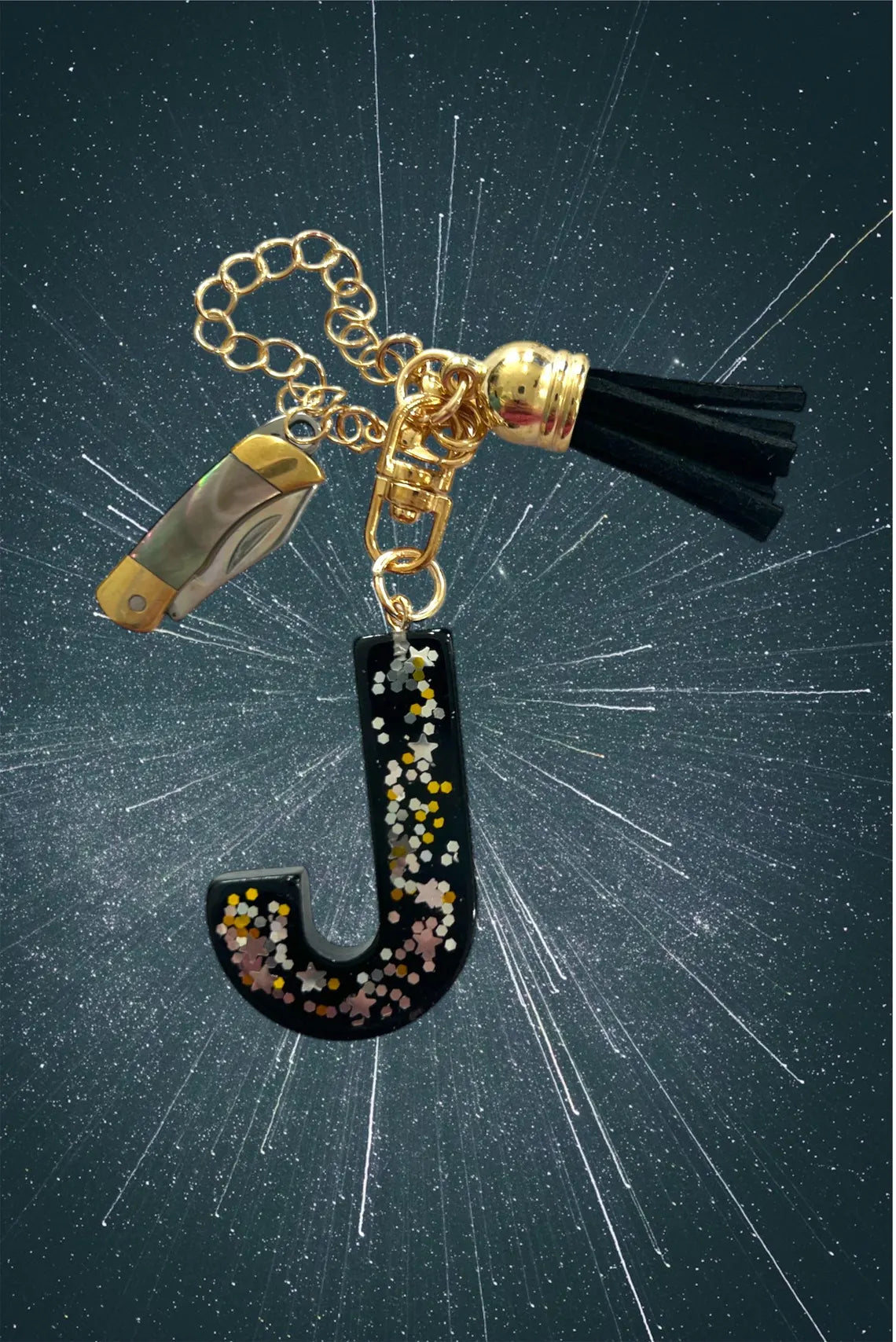 J Charm Keychain with Mini Knife Charm