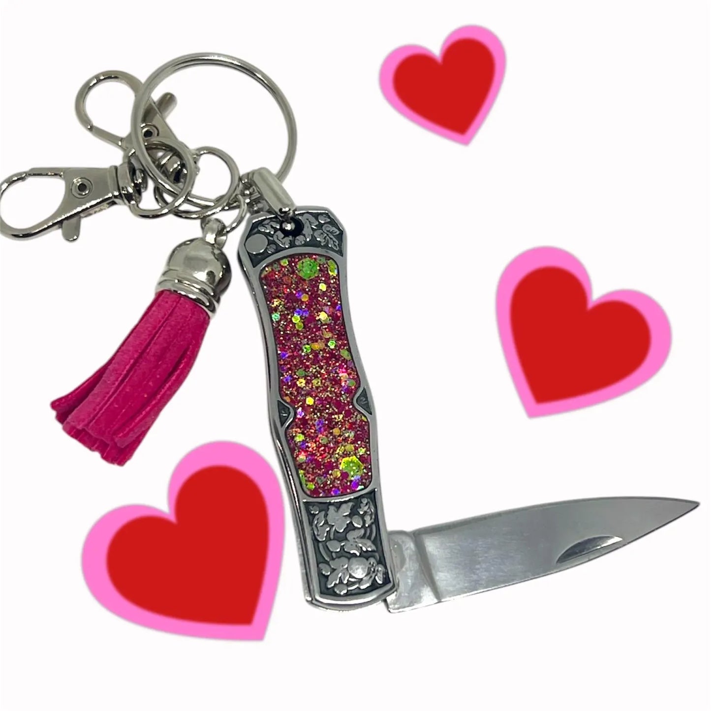 Pink Sparkle Handle Mini Knife Keychain