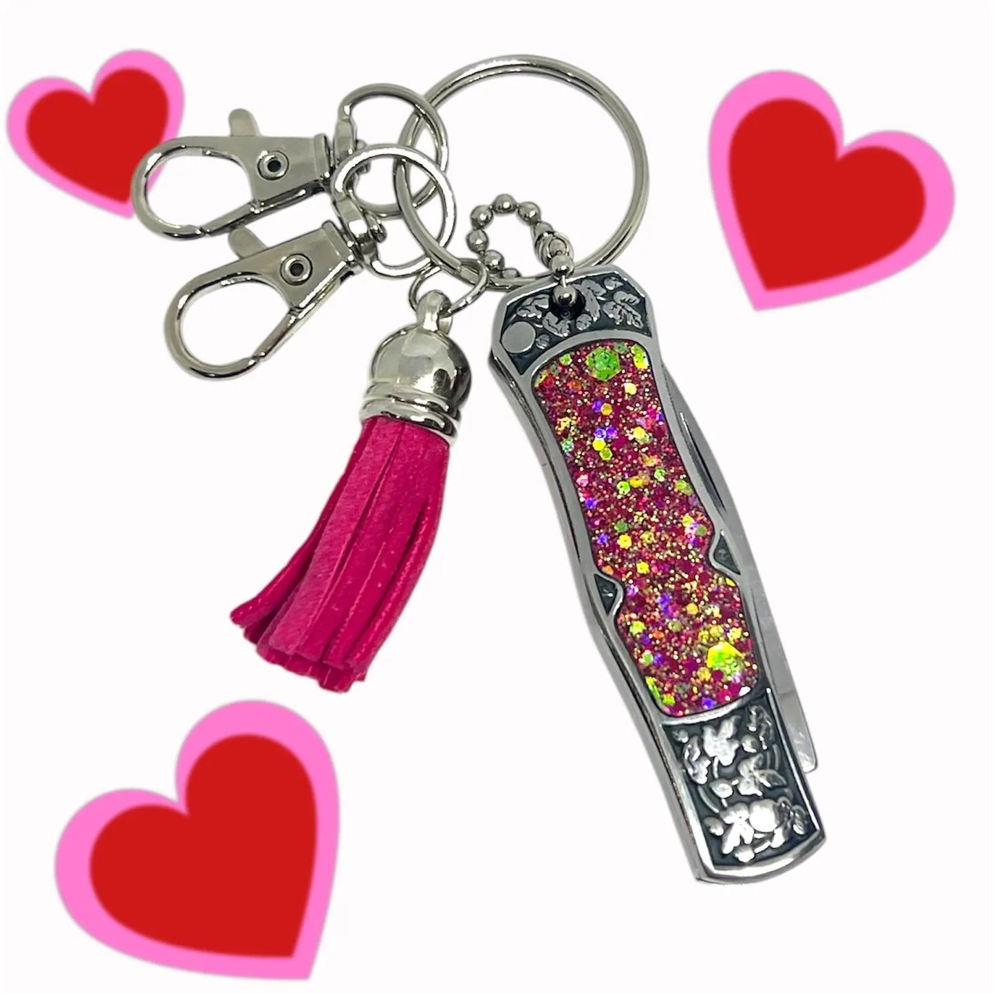 Pink Sparkle Handle Mini Knife Keychain